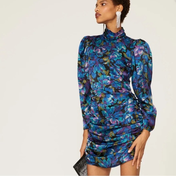 Ronny Kobo Silk Annika Puff Sleeve Dress Blue Floral Jacquard - Picture 2 of 5
